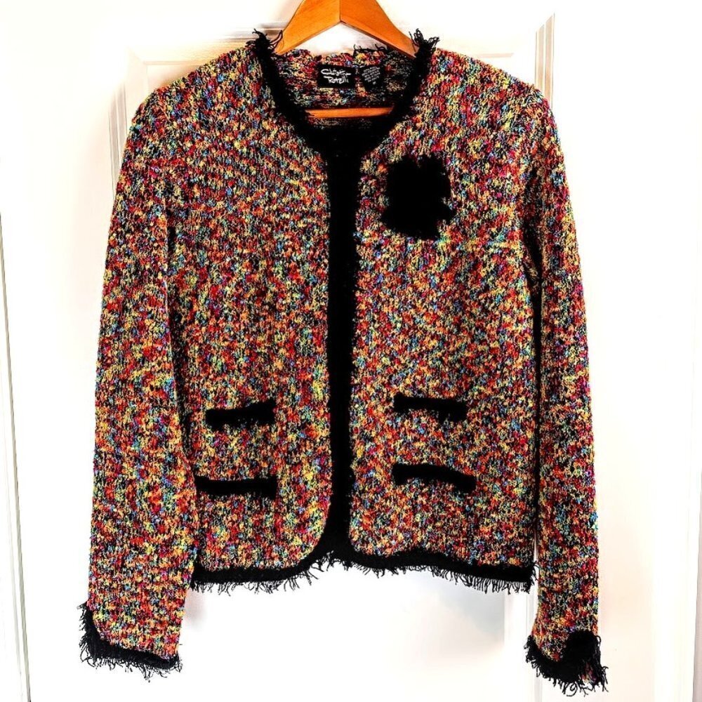 Christina Rotelli Multicolor Woven Knit Fringed Cardigan Sweater